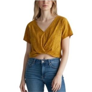 Zara Trafaluc Floral Eyelet Mustard Yellow Crop Top Blouse Made in Turkey S